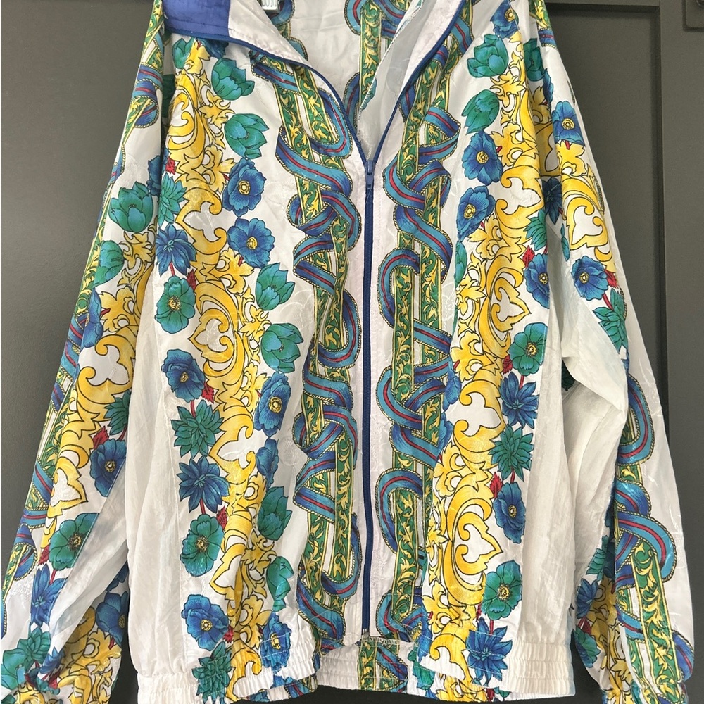 Blue and Yellow Floral Bomber Jacket with Retro Design Vintage